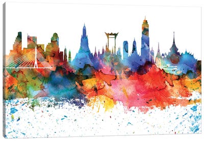 Bangkok Colorful Watercolor Skyline Canvas Art Print - Thailand Art