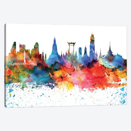 Bangkok Colorful Watercolor Skyline Canvas Print #WDA1264} by WallDecorAddict Canvas Print