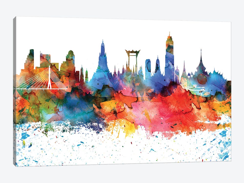Bangkok Colorful Watercolor Skyline by WallDecorAddict 1-piece Canvas Art Print