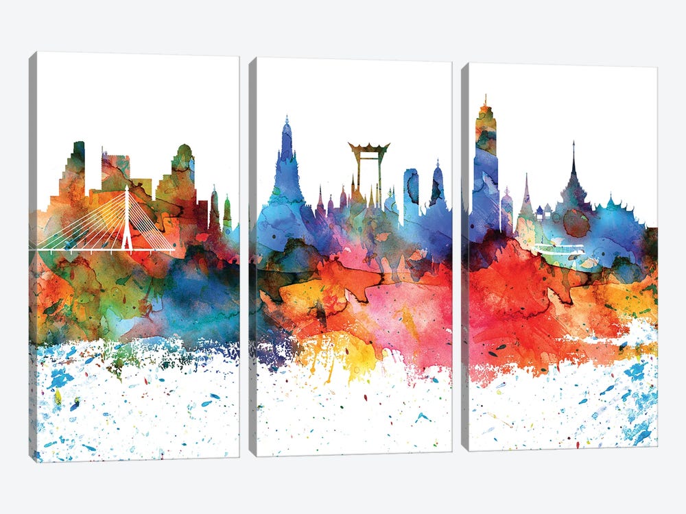Bangkok Colorful Watercolor Skyline by WallDecorAddict 3-piece Canvas Art Print
