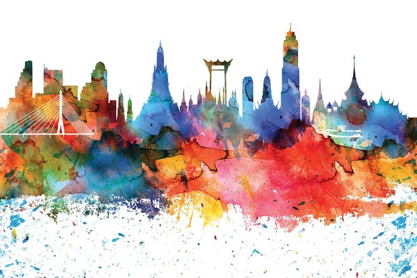 Thailand: Bangkok Colorful Watercolor Skyline by WallDecorAddict