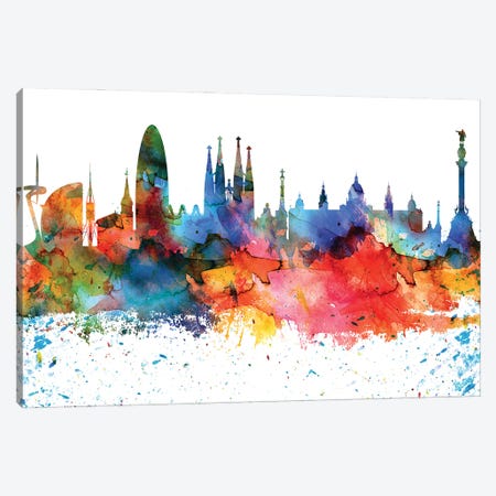 Barcelona Colorful Watercolor Skyline Canvas Print #WDA1265} by WallDecorAddict Canvas Art Print
