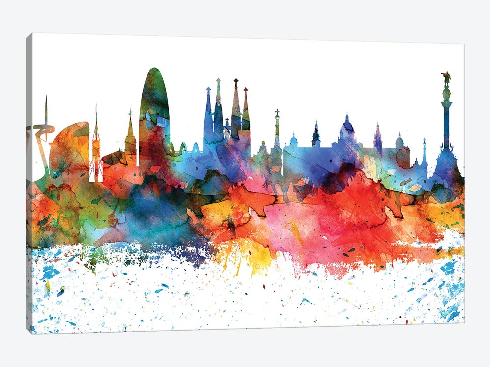 Barcelona Colorful Watercolor Skyline by WallDecorAddict 1-piece Canvas Artwork