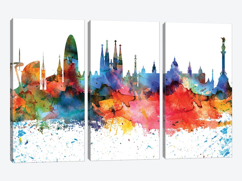Barcelona Colorful Watercolor Skyline by WallDecorAddict 3-piece Canvas Wall Art