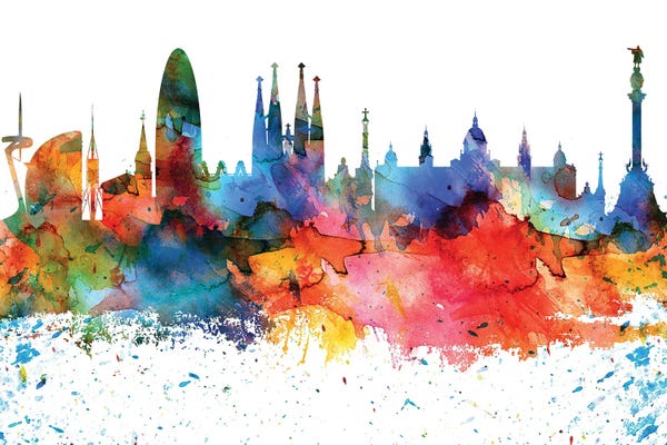 Catalonia: Barcelona Colorful Watercolor Skyline by WallDecorAddict