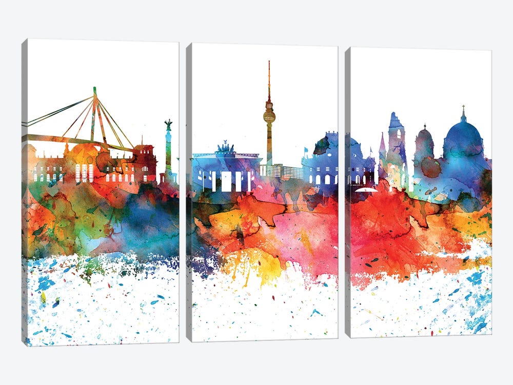 Berlin Colorful Watercolor Skyline by WallDecorAddict 3-piece Canvas Print