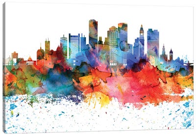 Boston Colorful Watercolor Skyline Canvas Art Print - Boston Art