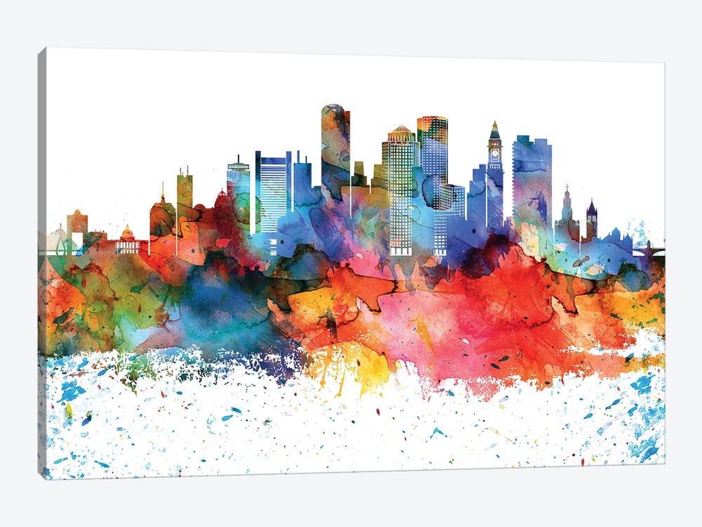 Boston Colorful Watercolor Skyline by WallDecorAddict 1-piece Canvas Artwork