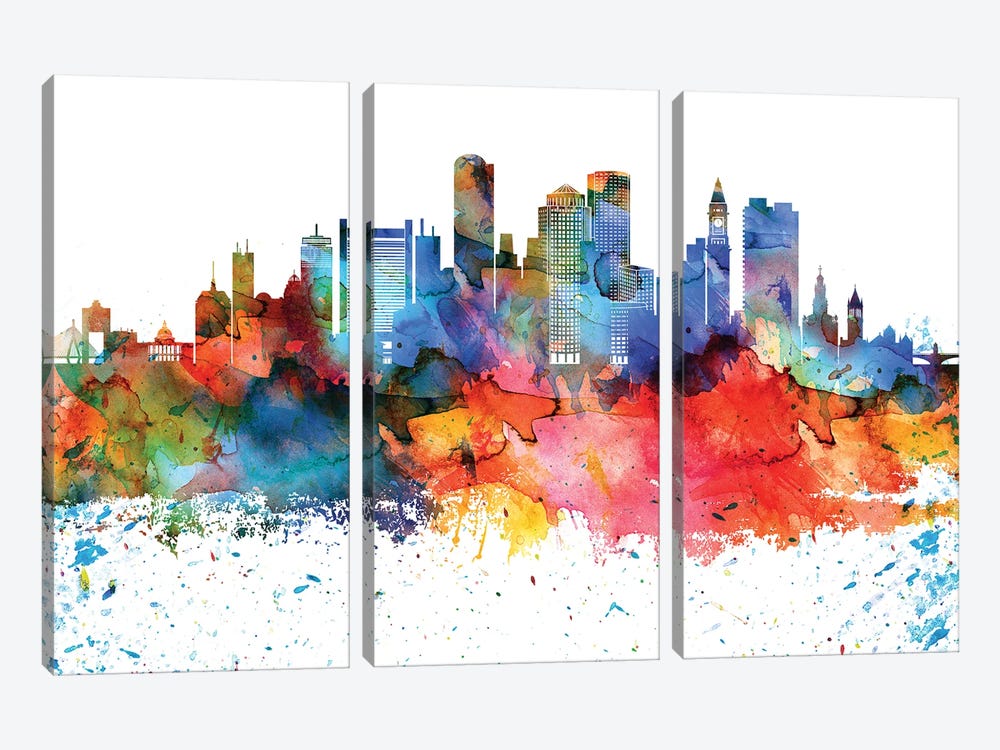 Boston Colorful Watercolor Skyline by WallDecorAddict 3-piece Canvas Art