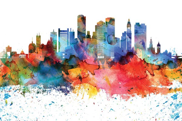 WallDecorAddict: Boston Colorful Watercolor Skyline by WallDecorAddict