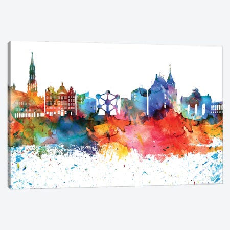 Brussels Colorful Watercolor Skyline Canvas Print #WDA1271} by WallDecorAddict Art Print