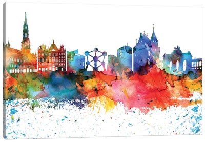 Brussels Colorful Watercolor Skyline Canvas Art Print - Belgium