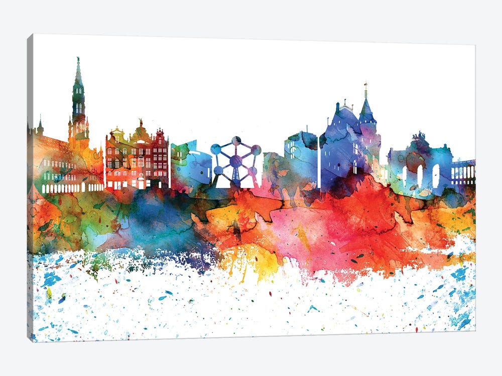 Brussels Colorful Watercolor Skyline by WallDecorAddict 1-piece Canvas Art Print