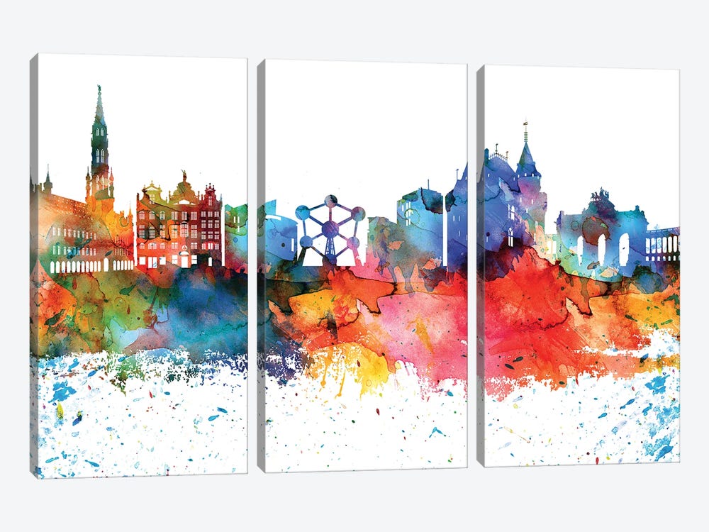 Brussels Colorful Watercolor Skyline by WallDecorAddict 3-piece Canvas Art Print