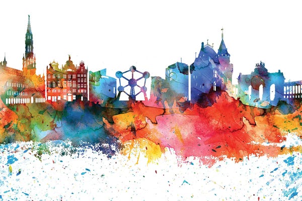 Brussels: Brussels Colorful Watercolor Skyline by WallDecorAddict