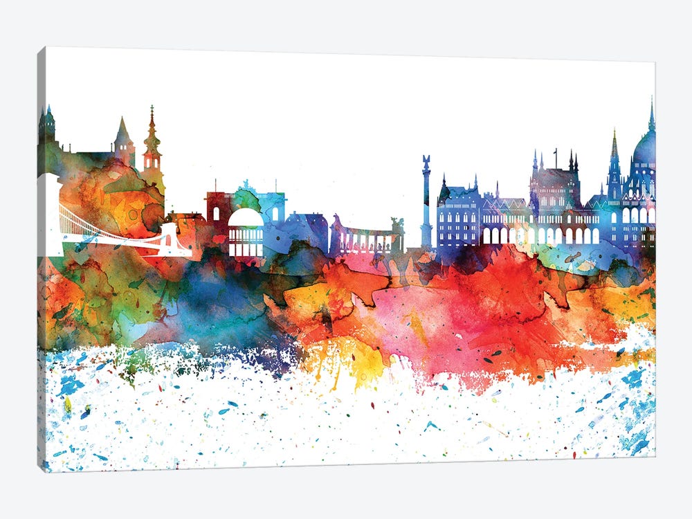 Budapest Colorful Watercolor Skyline by WallDecorAddict 1-piece Canvas Art