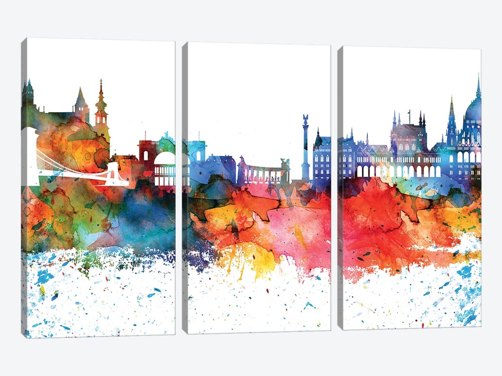 Budapest Colorful Watercolor Skyline by WallDecorAddict 3-piece Canvas Wall Art