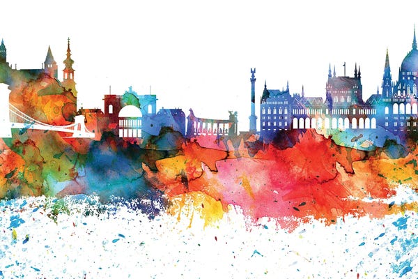 Hungary: Budapest Colorful Watercolor Skyline by WallDecorAddict