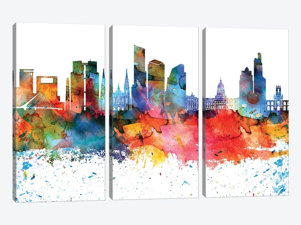 Buenos Aires Colorful Watercolor Skyline by WallDecorAddict 3-piece Canvas Print