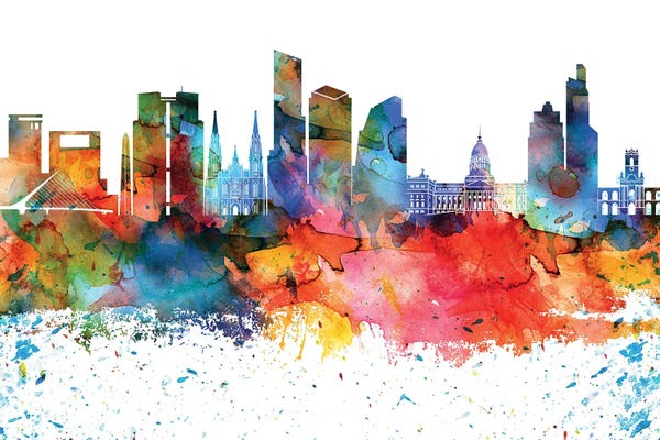 Buenos Aires: Buenos Aires Colorful Watercolor Skyline by WallDecorAddict