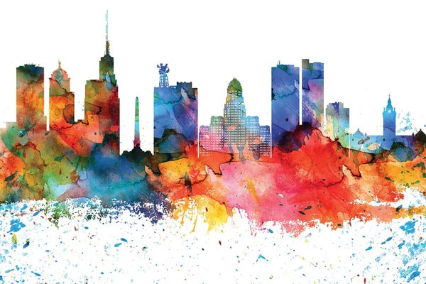 New York: Buffalo Colorful Watercolor Skyline by WallDecorAddict