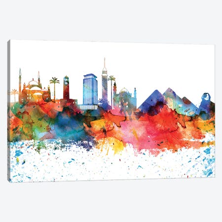 Cairo Colorful Watercolor Skyline Canvas Print #WDA1275} by WallDecorAddict Canvas Artwork