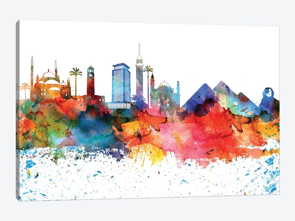 Cairo Colorful Watercolor Skyline by WallDecorAddict 1-piece Canvas Print