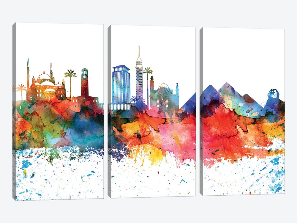 Cairo Colorful Watercolor Skyline by WallDecorAddict 3-piece Art Print