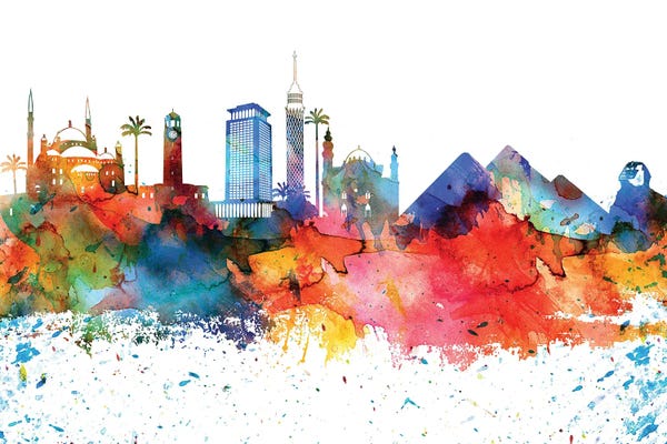 Cairo: Cairo Colorful Watercolor Skyline by WallDecorAddict