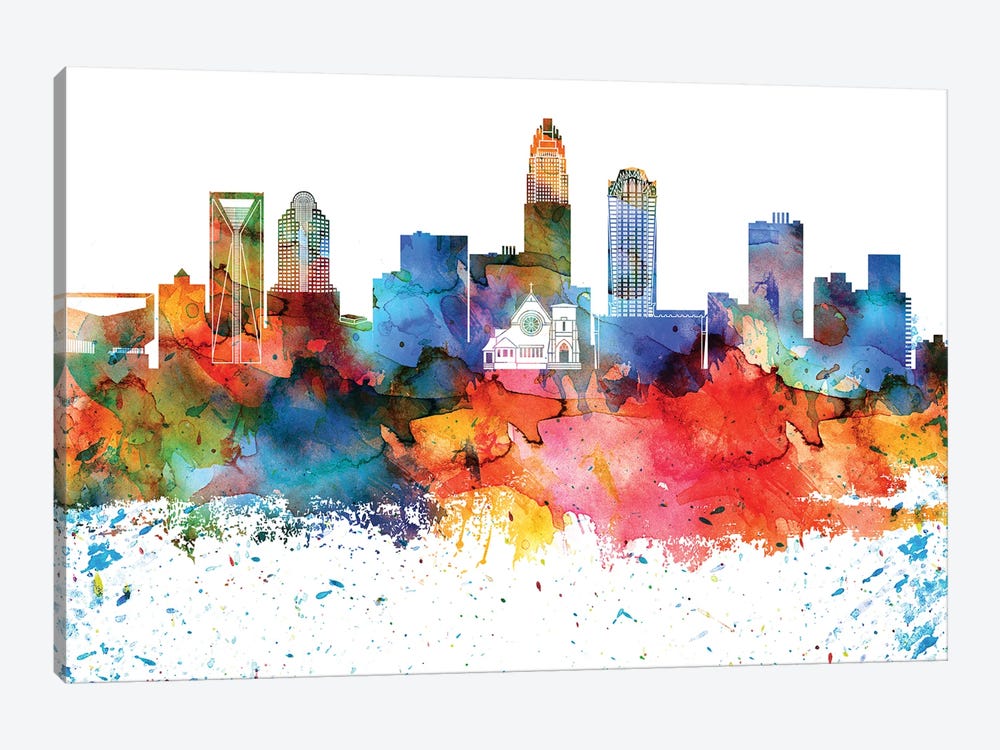 Charlotte Colorful Watercolor Skyline by WallDecorAddict 1-piece Canvas Print