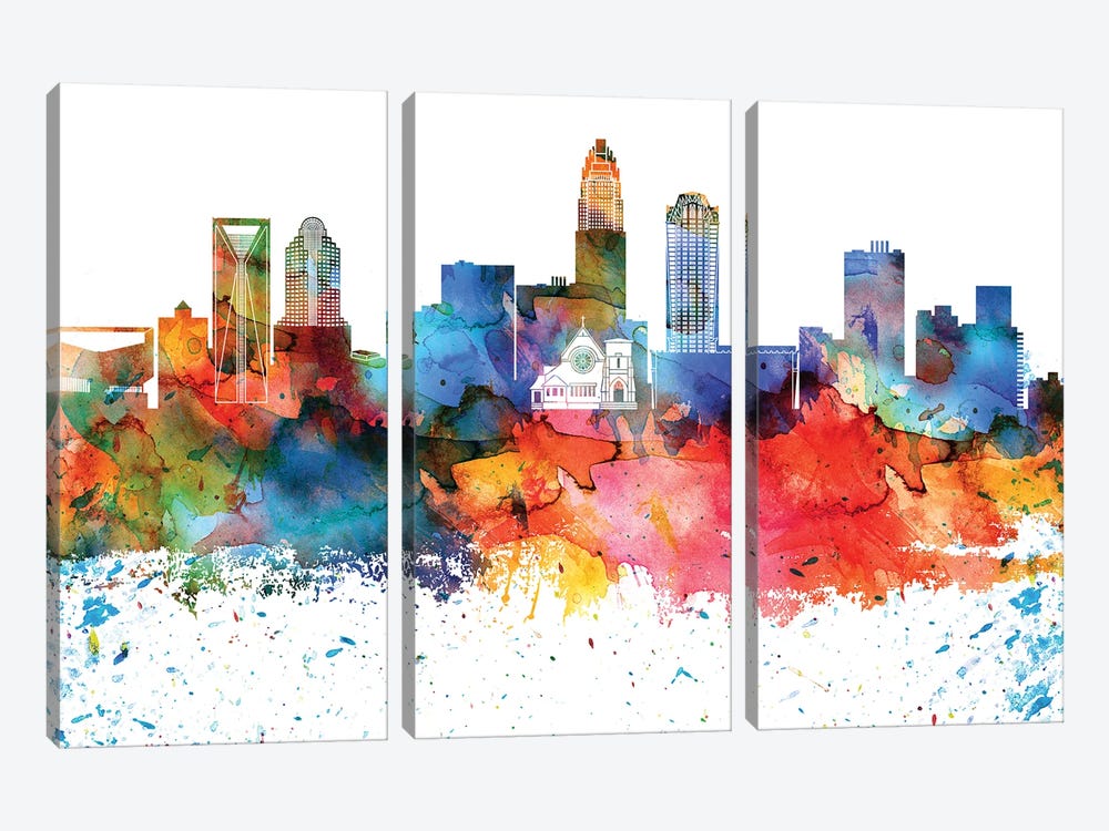 Charlotte Colorful Watercolor Skyline by WallDecorAddict 3-piece Canvas Art Print