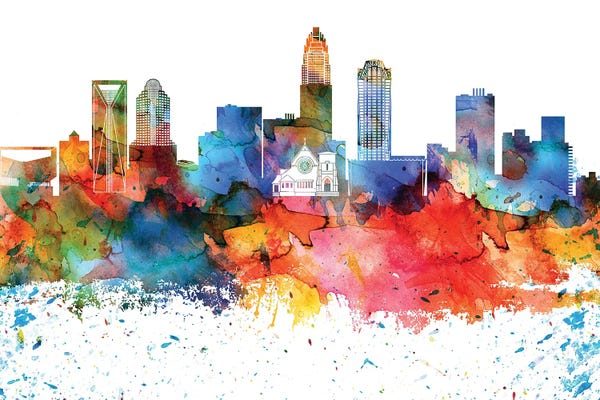 North Carolina: Charlotte Colorful Watercolor Skyline by WallDecorAddict