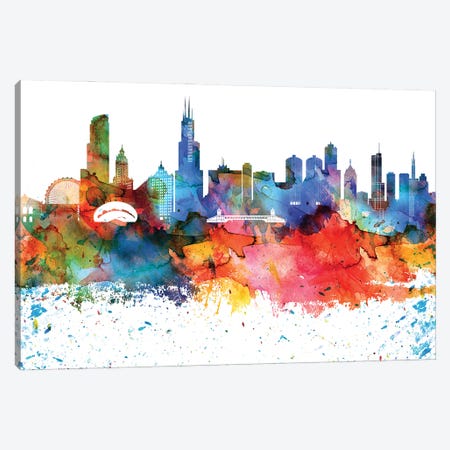 Chicago Colorful Watercolor Skyline Canvas Print #WDA1280} by WallDecorAddict Canvas Wall Art