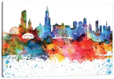 Chicago Colorful Watercolor Skyline Canvas Art Print - Chicago Skylines