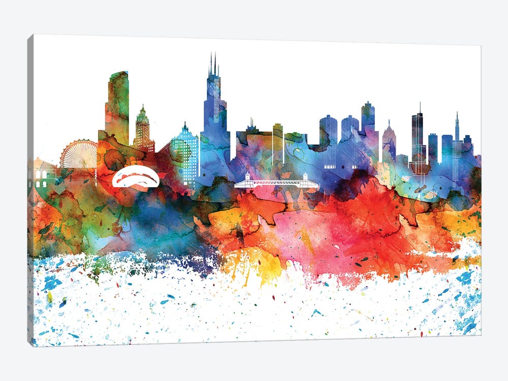 Chicago Colorful Watercolor Skyline by WallDecorAddict 1-piece Canvas Print
