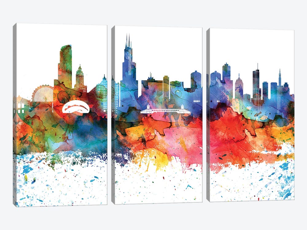 Chicago Colorful Watercolor Skyline by WallDecorAddict 3-piece Canvas Art Print