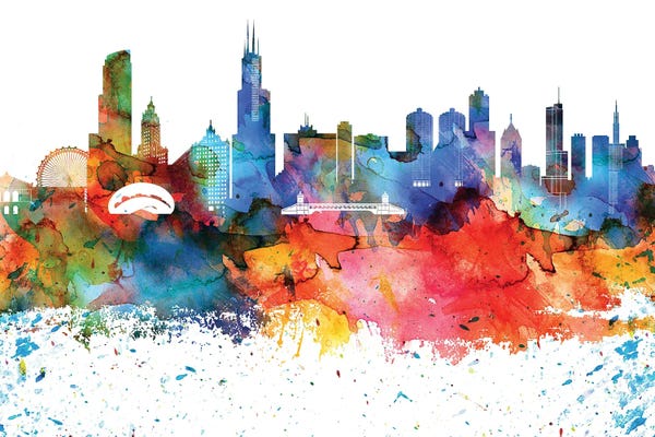 Chicago Skylines: Chicago Colorful Watercolor Skyline by WallDecorAddict