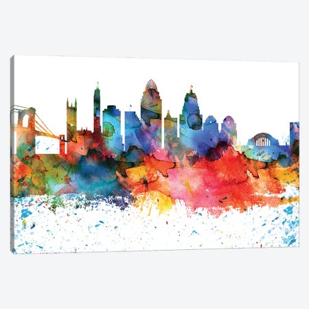 Cincinnati Colorful Watercolor Skyline Canvas Print #WDA1281} by WallDecorAddict Canvas Art