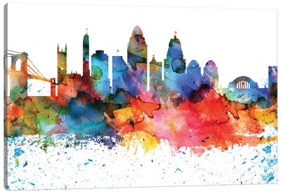 Cincinnati Colorful Watercolor Skyline Canvas Art Print - Ohio Art