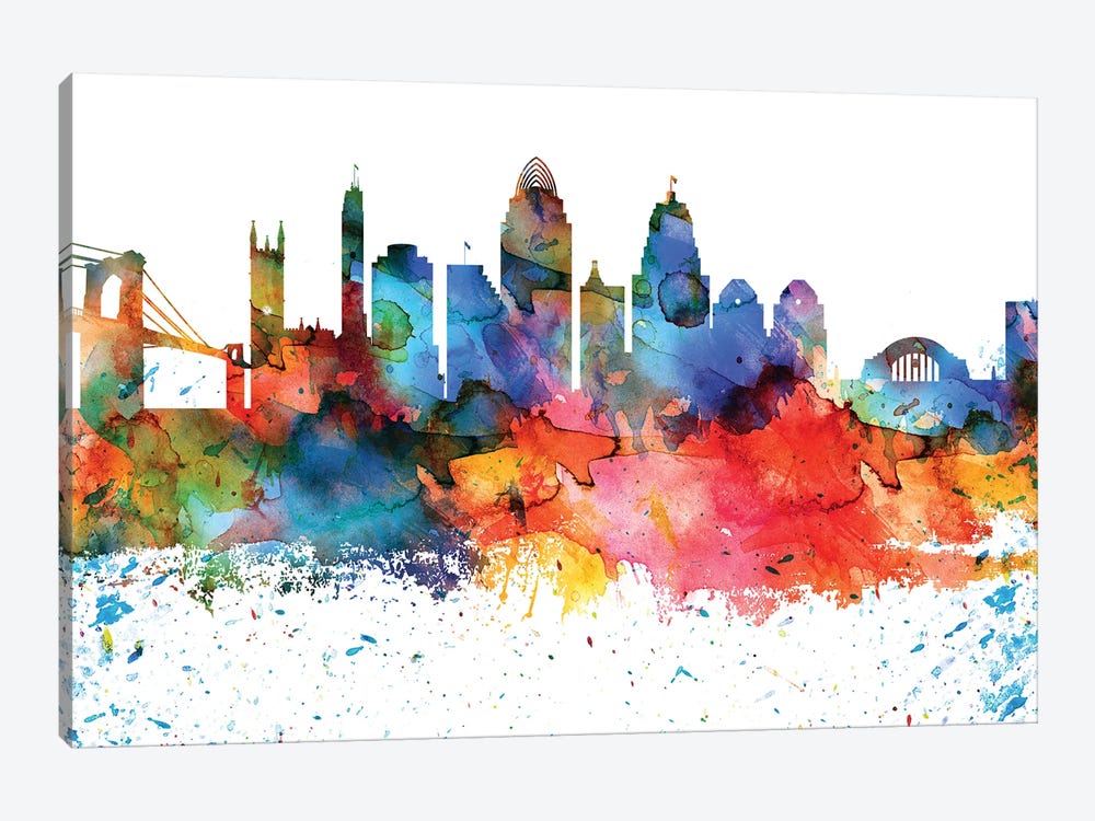 Cincinnati Colorful Watercolor Skyline by WallDecorAddict 1-piece Canvas Wall Art