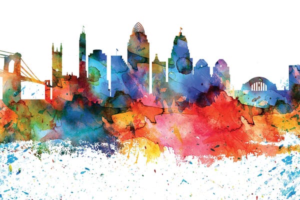 Ohio: Cincinnati Colorful Watercolor Skyline by WallDecorAddict