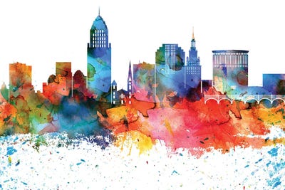 Cleveland Colorful Watercolor Skyline by WallDecorAddict art print