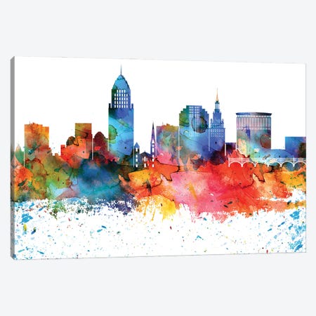 Cleveland Colorful Watercolor Skyline Canvas Print #WDA1282} by WallDecorAddict Canvas Artwork