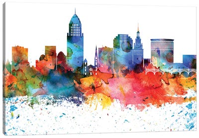 Cleveland Colorful Watercolor Skyline Canvas Art Print - Ohio Art