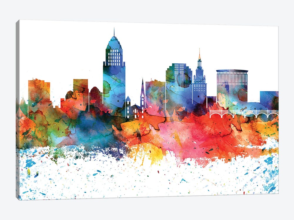 Cleveland Colorful Watercolor Skyline by WallDecorAddict 1-piece Art Print