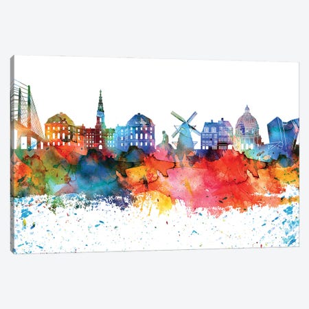 Copenhagen Colorful Watercolor Skyline Canvas Print #WDA1285} by WallDecorAddict Canvas Art Print