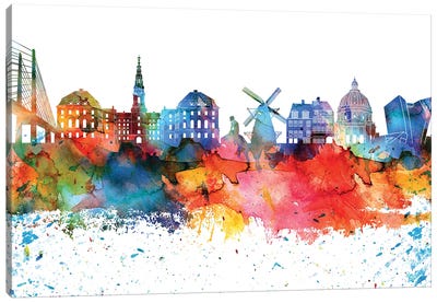 Copenhagen Colorful Watercolor Skyline Canvas Art Print - Denmark Art
