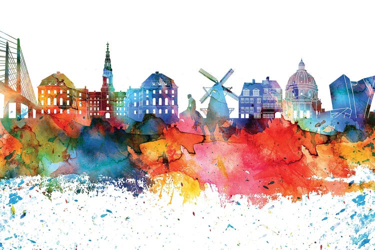 Copenhagen Colorful Watercolor Skyline by WallDecorAddict wall art
