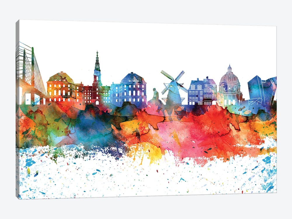 Copenhagen Colorful Watercolor Skyline by WallDecorAddict 1-piece Canvas Artwork