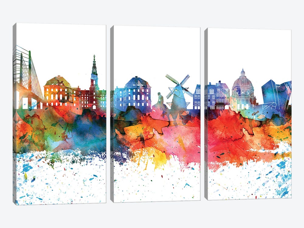 Copenhagen Colorful Watercolor Skyline by WallDecorAddict 3-piece Canvas Art